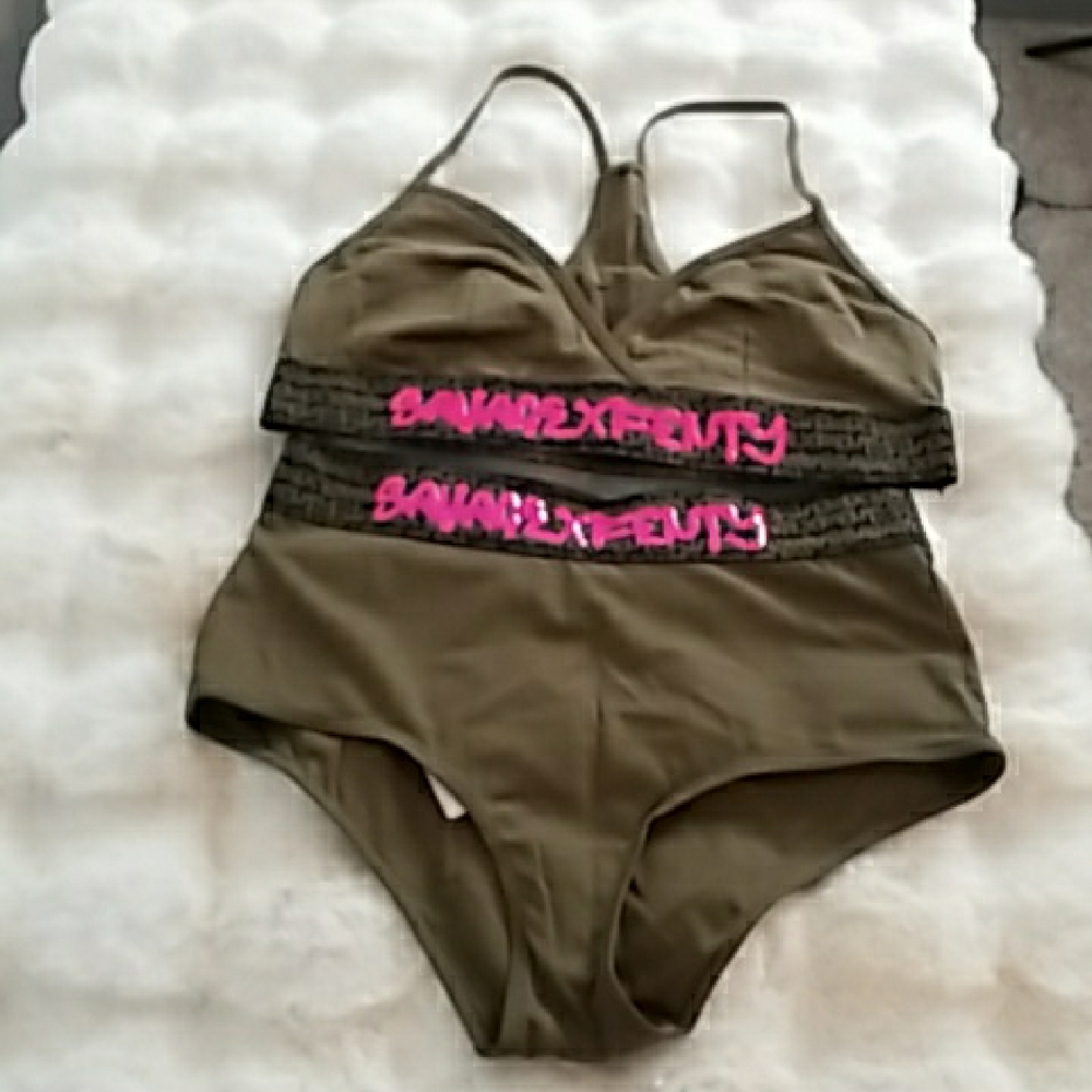 2 PC Savage X Fenty Khaki Bralette and Brief with Pink Accents